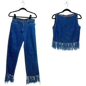 FENDI denim rhinestone fray fringe set